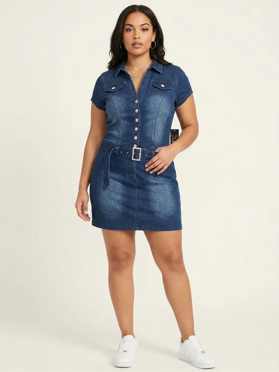 Fourteen Twelve Dark Wash Denim Dress - Navy Blue - Picture 1 of 5